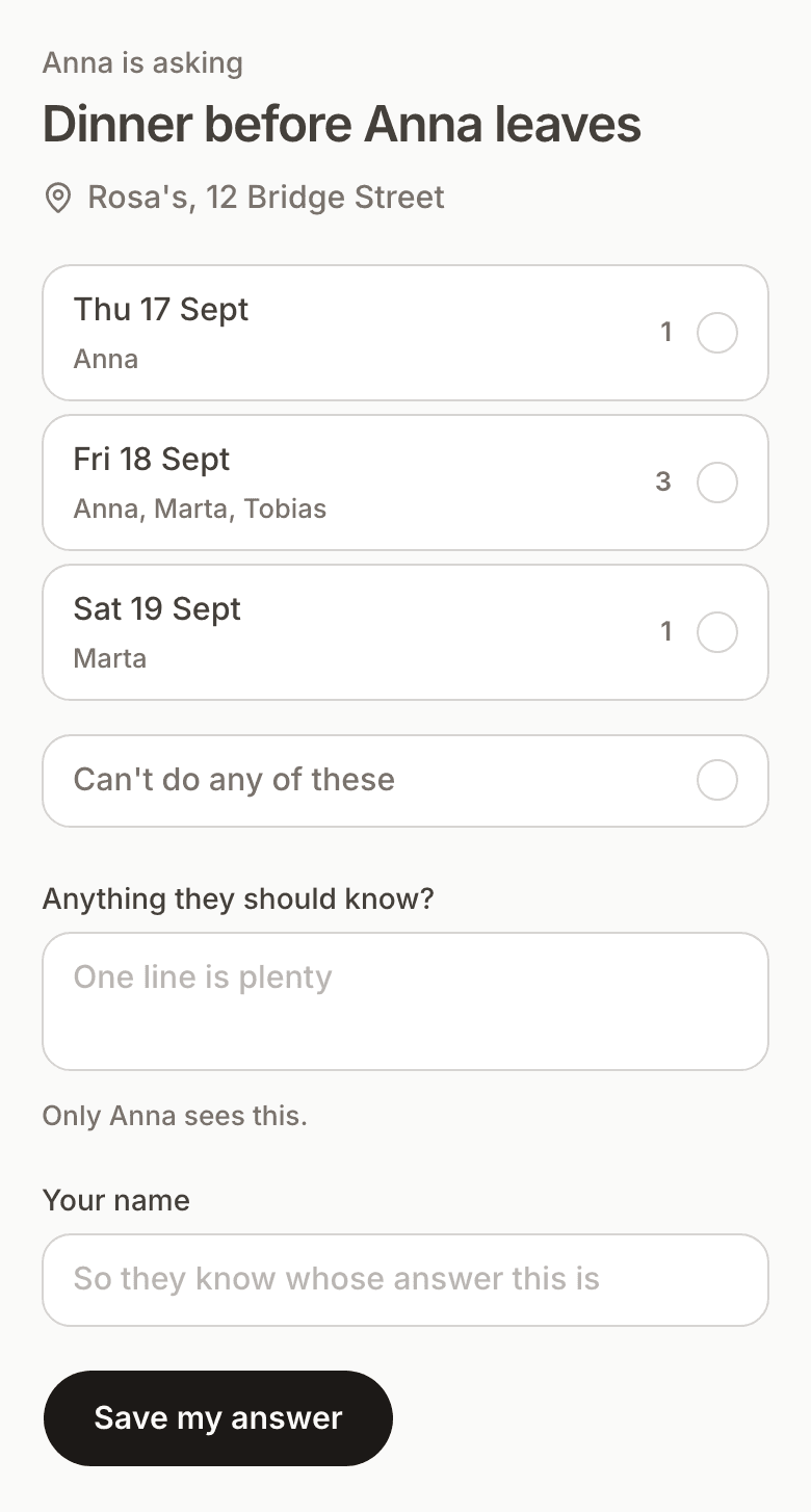 A Kitokoto date poll on a phone: three dates, each with who can make it