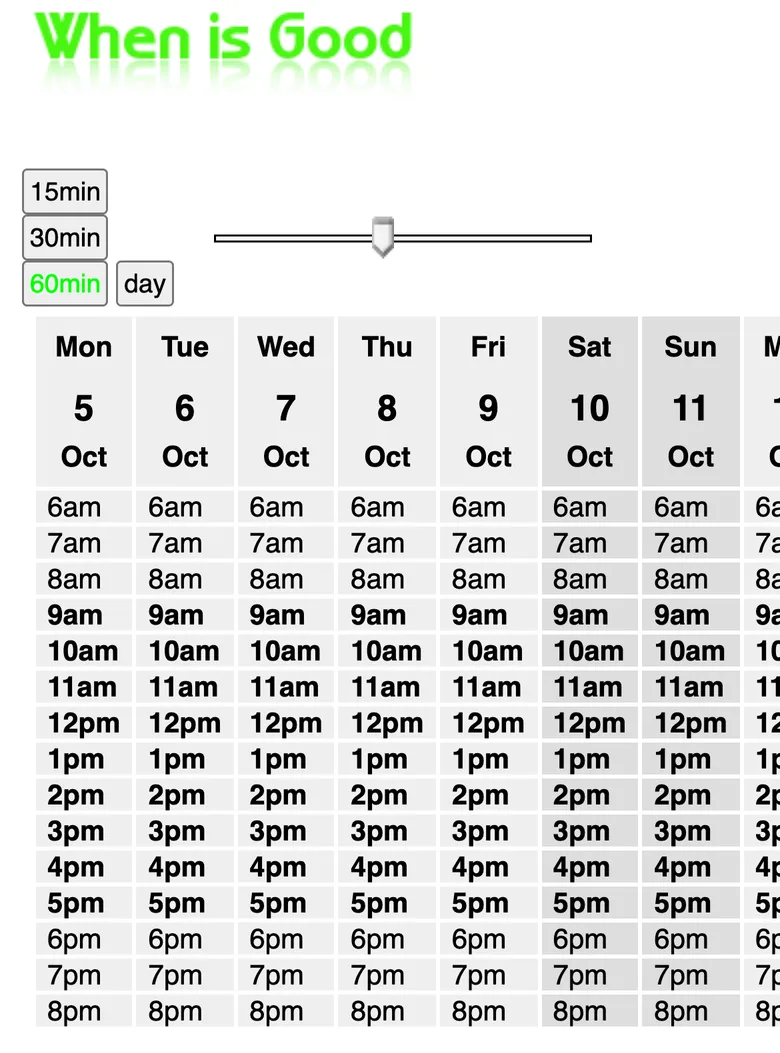 WhenIsGood's page for making an event, on a phone: a table of days and hours that runs off the right edge of the screen