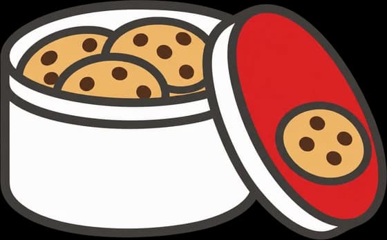 A cookie tin with its lid propped open and cookies inside
