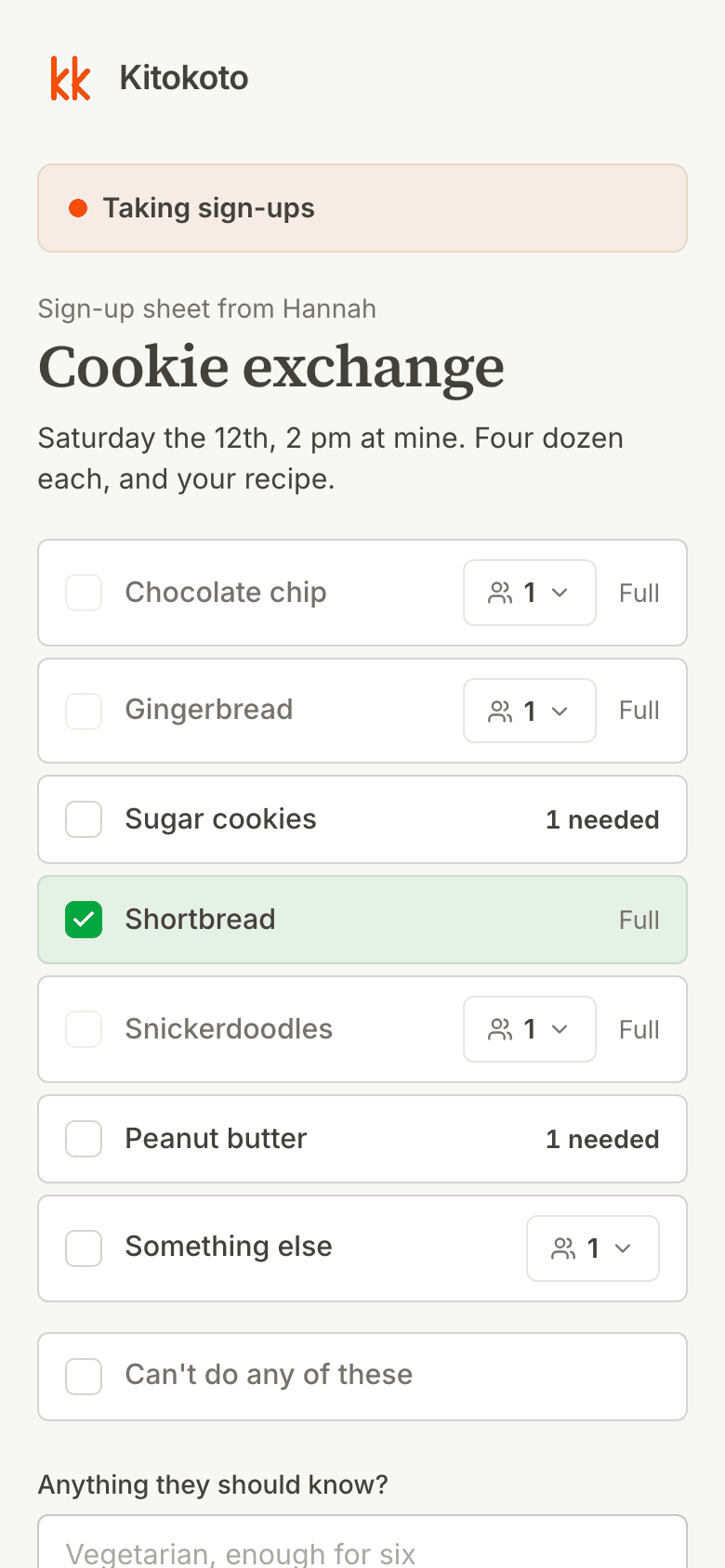 A Kitokoto cookie exchange sign-up on a phone, with each cookie taken or still needed