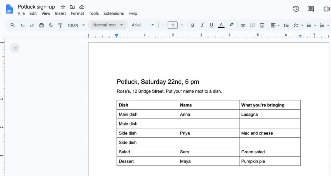 A potluck sign-up made in Google Docs, with a table of dishes and names