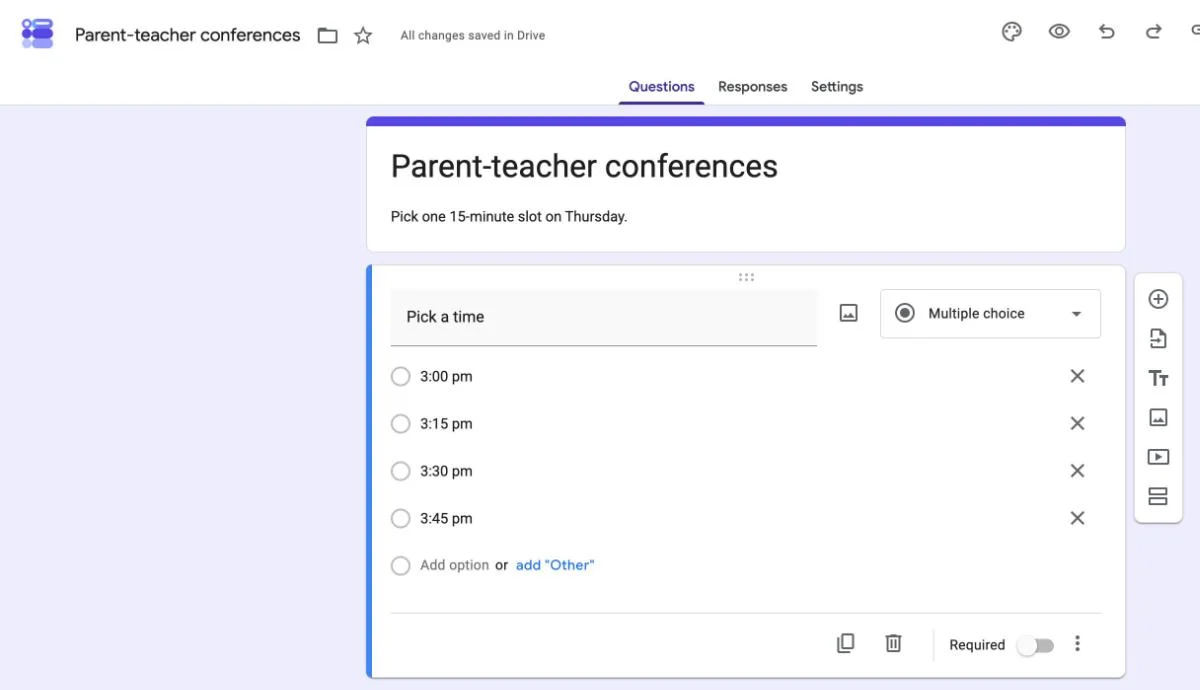 A Google Form with four time slots for parent-teacher conferences