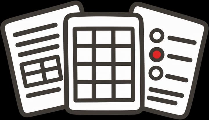 A document, a spreadsheet and a form, side by side