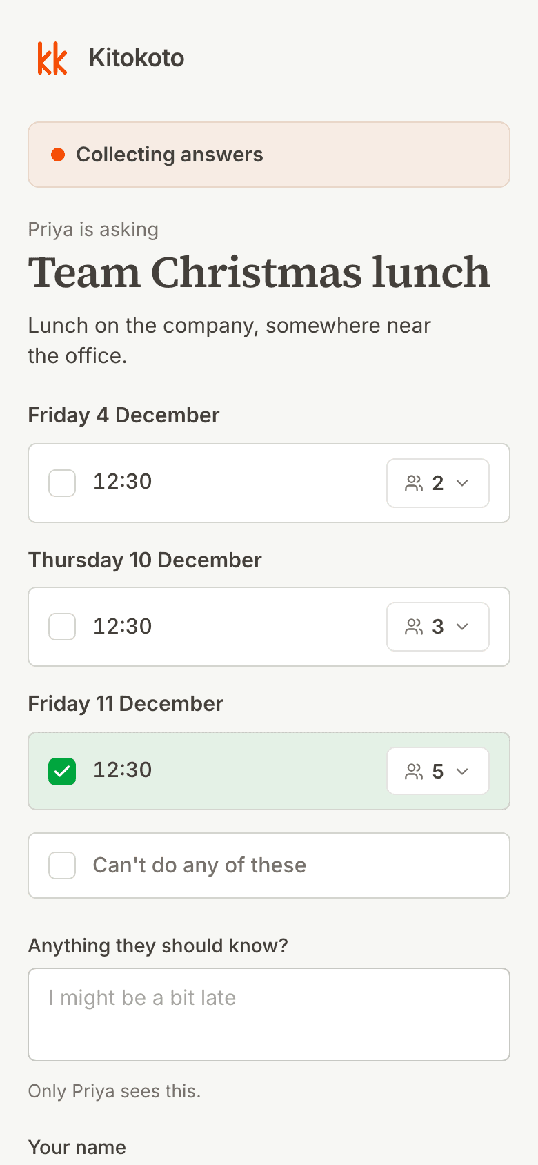 A Kitokoto date poll on a phone for a team Christmas lunch, with three December dates
