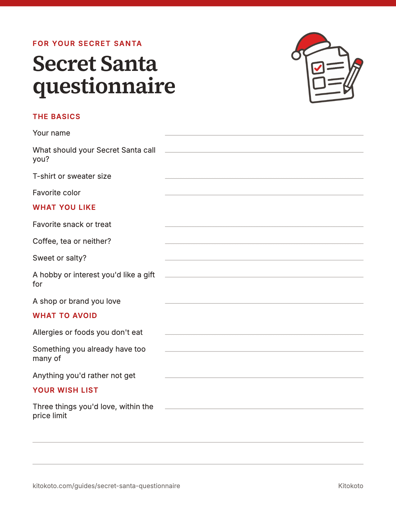 Secret Santa questionnaire, printable