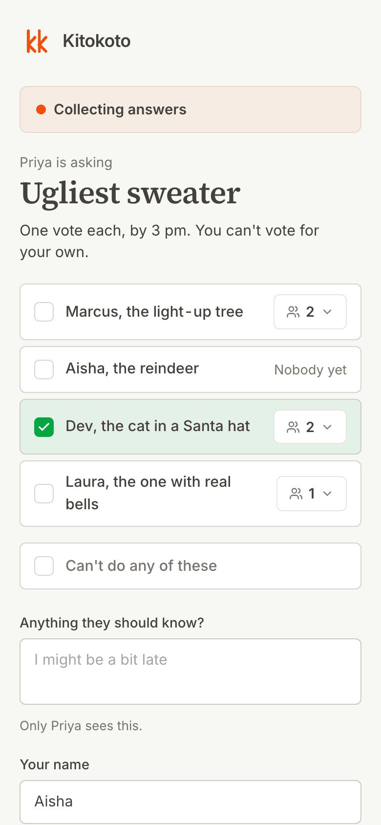 A Kitokoto poll on a phone for the ugliest sweater, with four sweaters to vote for