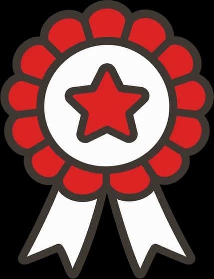 A red prize rosette with a star in the middle