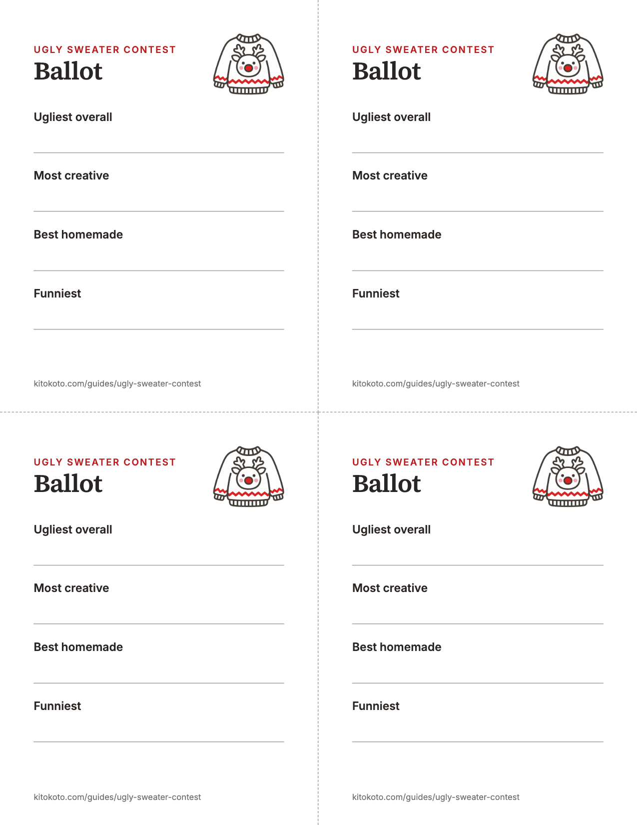 Ugly sweater contest ballot, printable