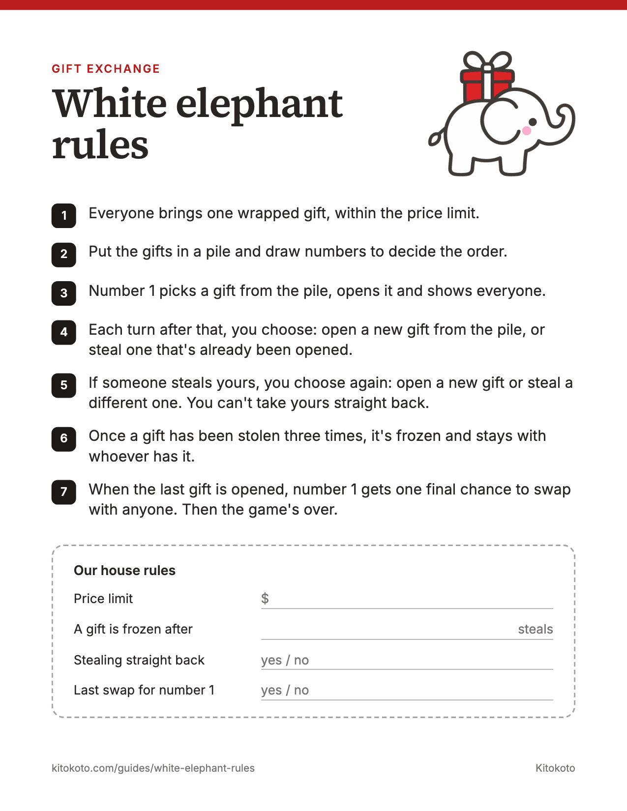 Printable white elephant rules on one page