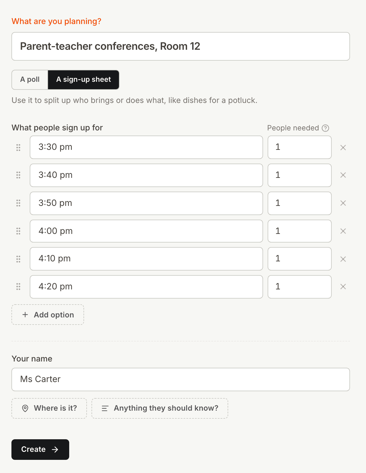 The Kitokoto form for a parent teacher conference sign up sheet, with ten-minute slots
