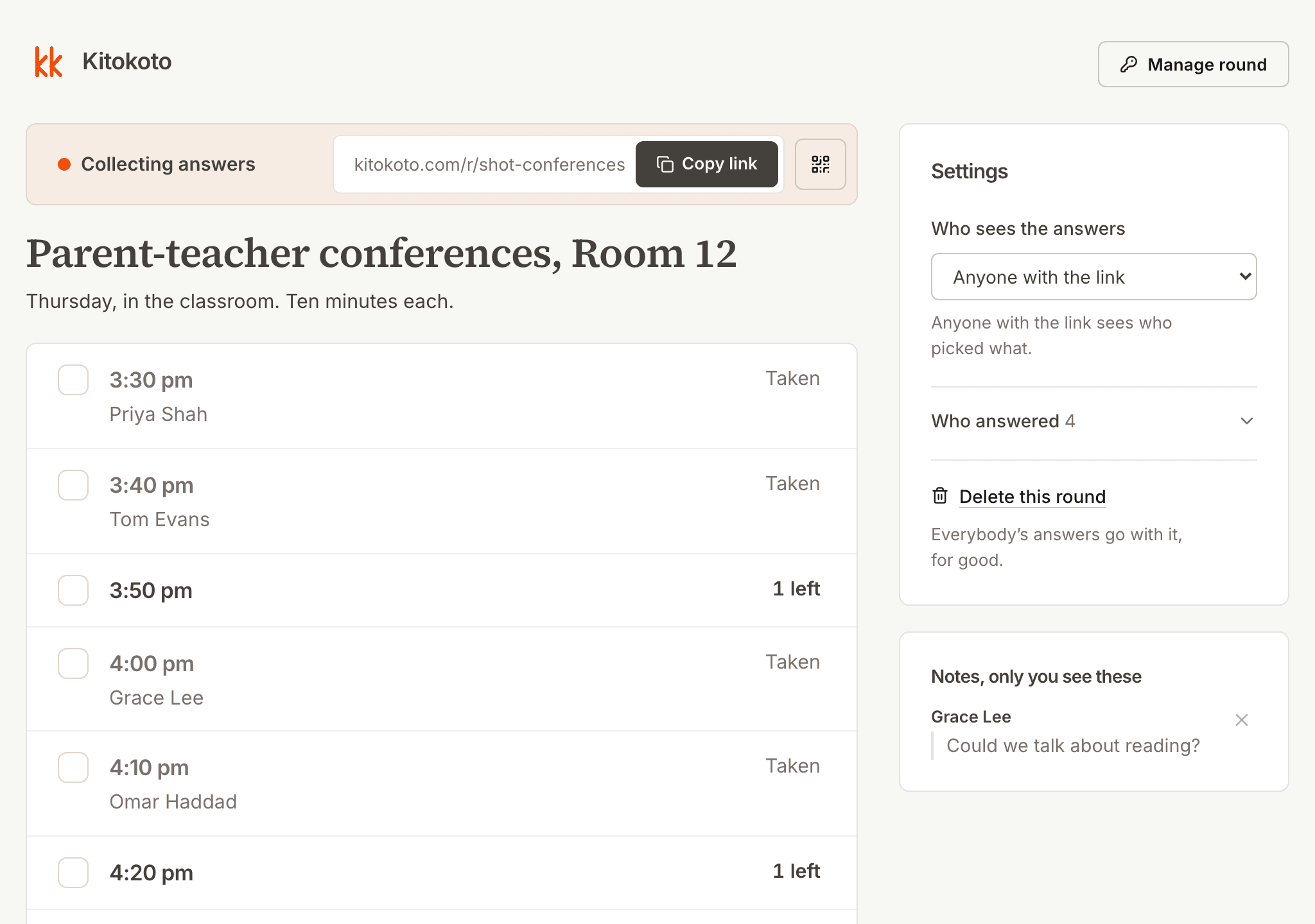 The teacher's view of the conference sign up sheet, with a note from a parent
