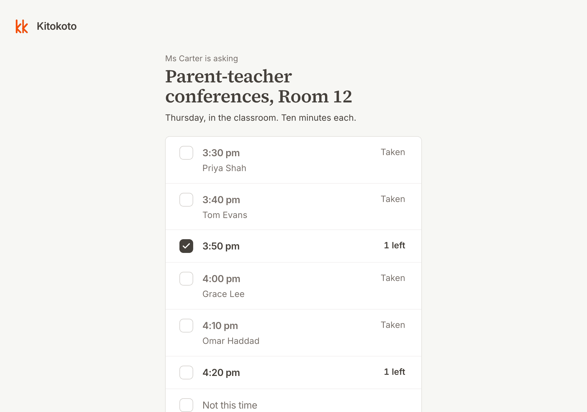 A parent teacher conference sign up sheet on a computer, with the times already taken