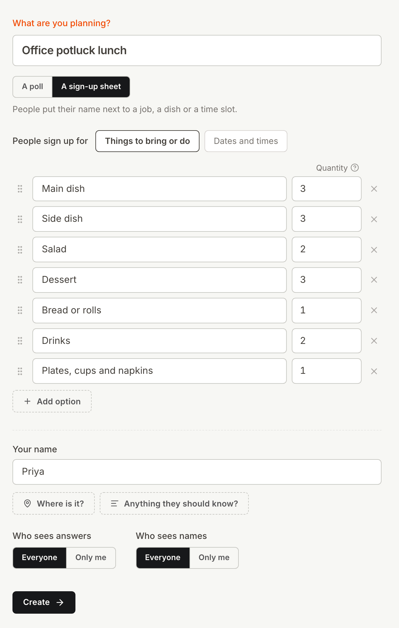 The Kitokoto form for an office potluck sign up sheet, with how many of each dish