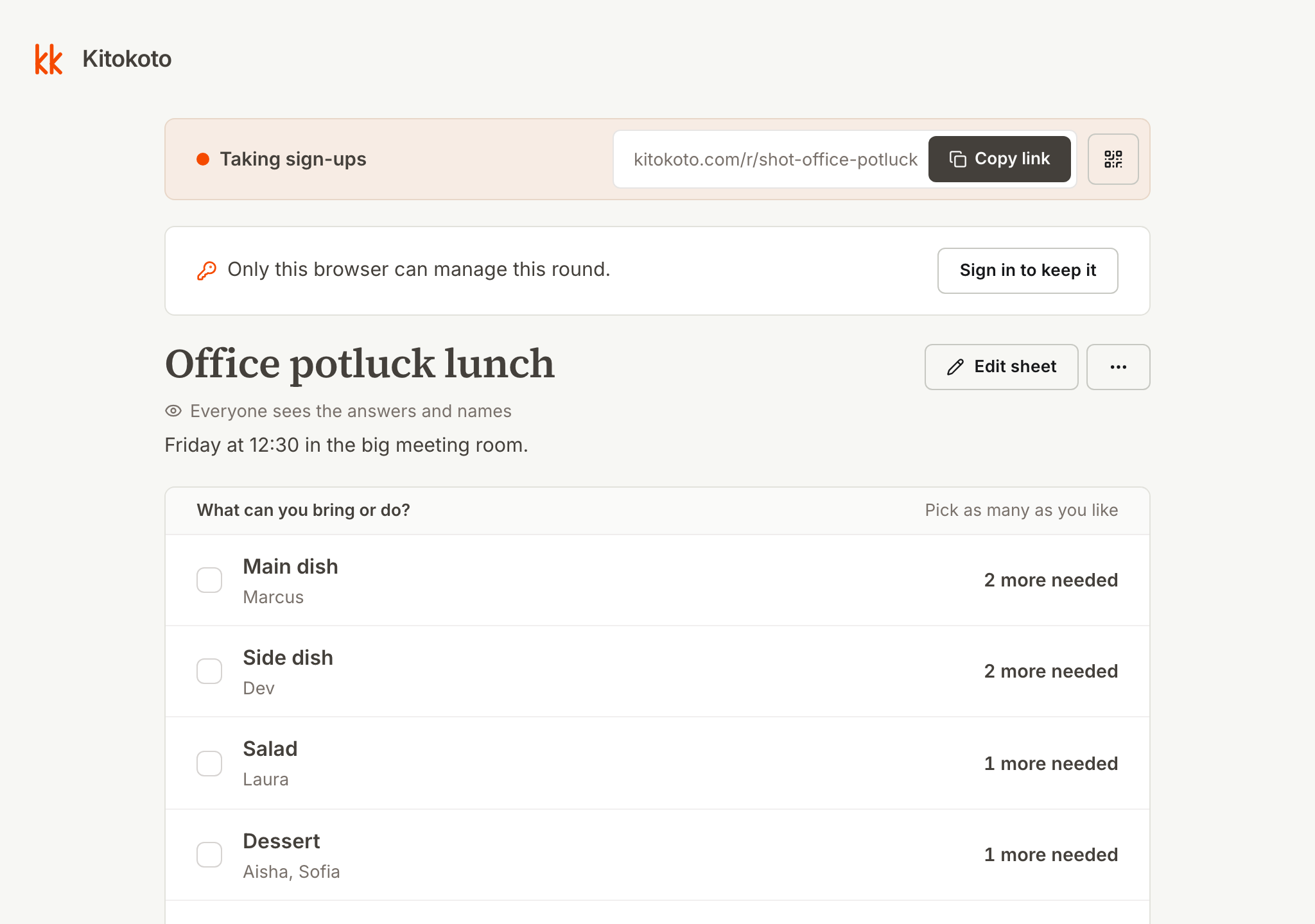 The organiser's view of an office potluck sign up sheet, with who is bringing each dish