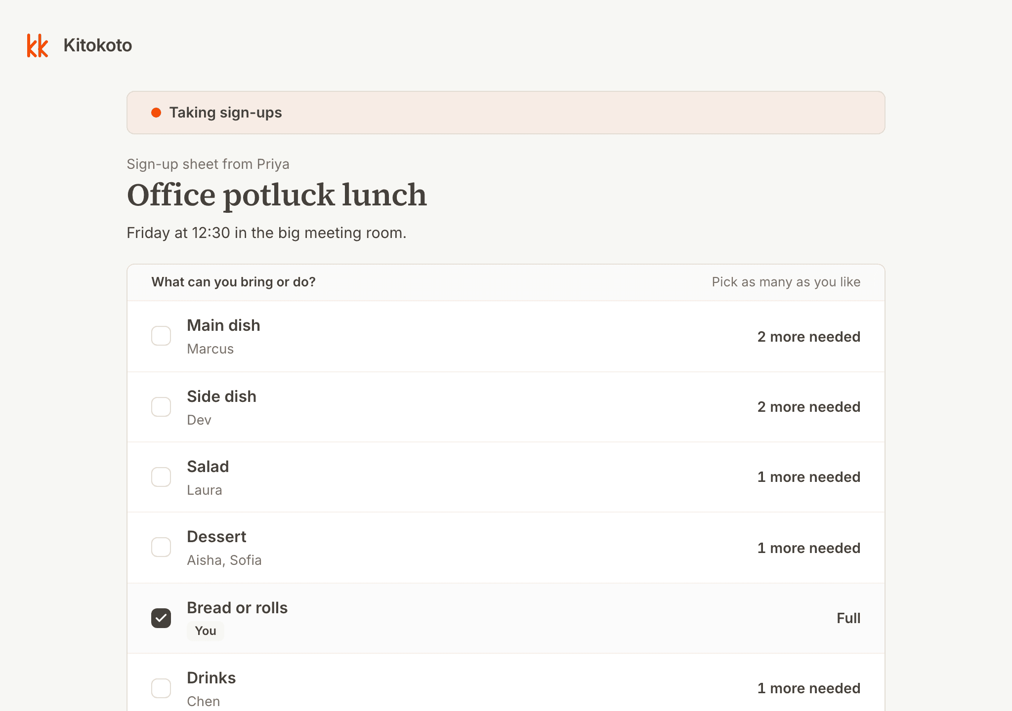 An office potluck sign up sheet on a computer, with who is bringing each dish and what is still needed