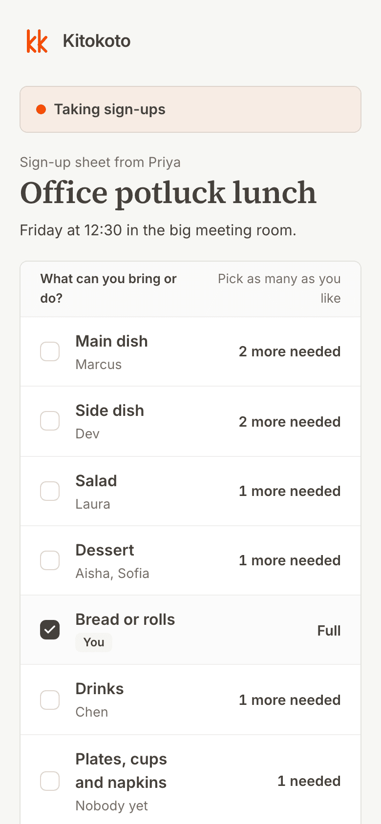 The same office potluck sign up sheet on a phone