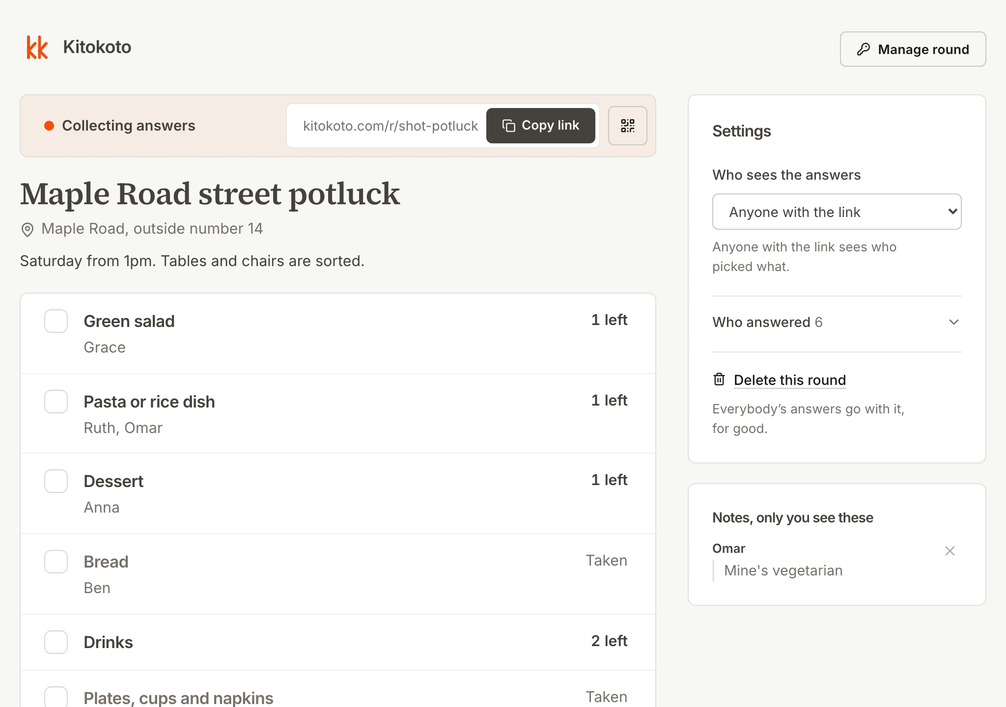 The organiser's view of a potluck sign up sheet, with who is bringing each dish