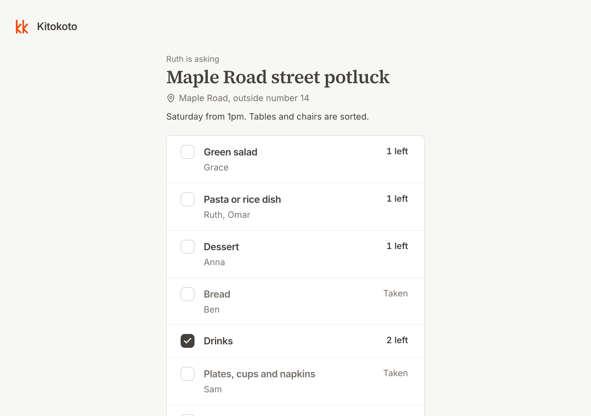 A potluck sign up sheet on a computer, with who is bringing each dish and what is still needed
