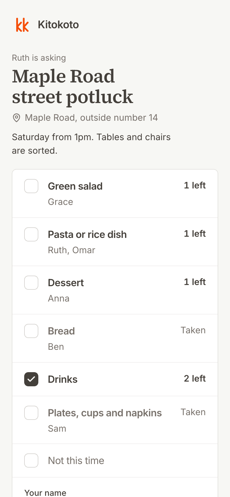 A Kitokoto potluck sign-up sheet on a phone, with places left for each dish
