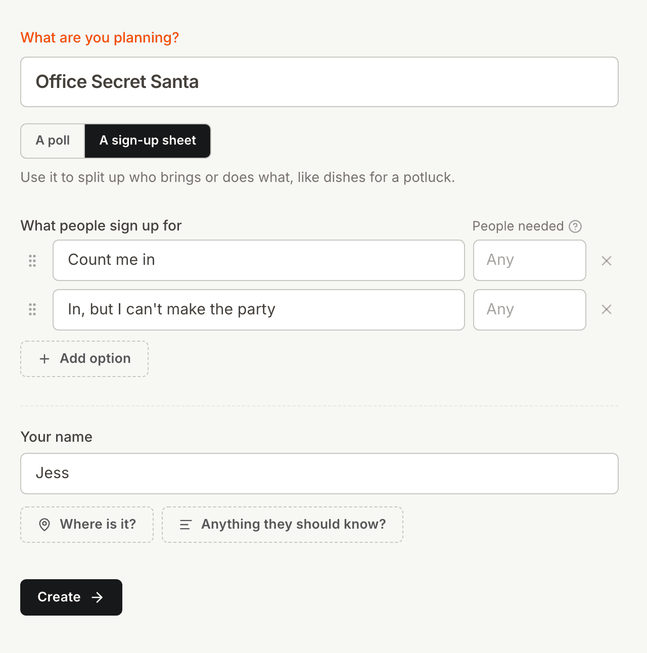 The Kitokoto form for a Secret Santa sign up sheet