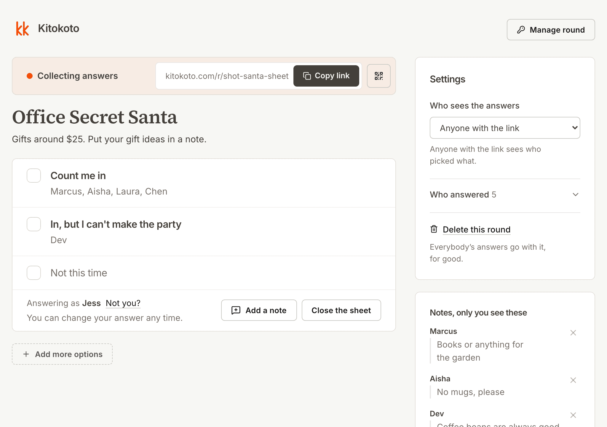 The organiser's view of a Secret Santa sign up sheet, with private gift ideas