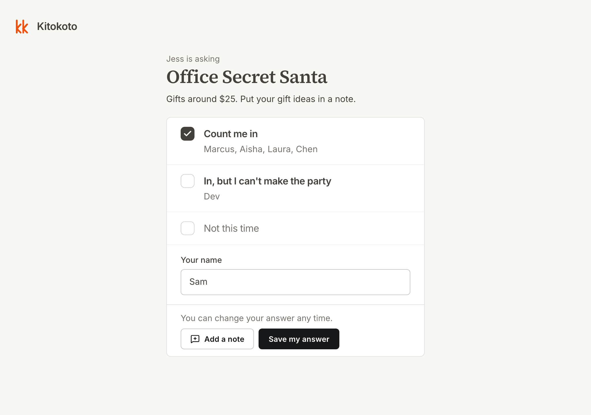A Secret Santa sign up sheet on a computer, with who has joined