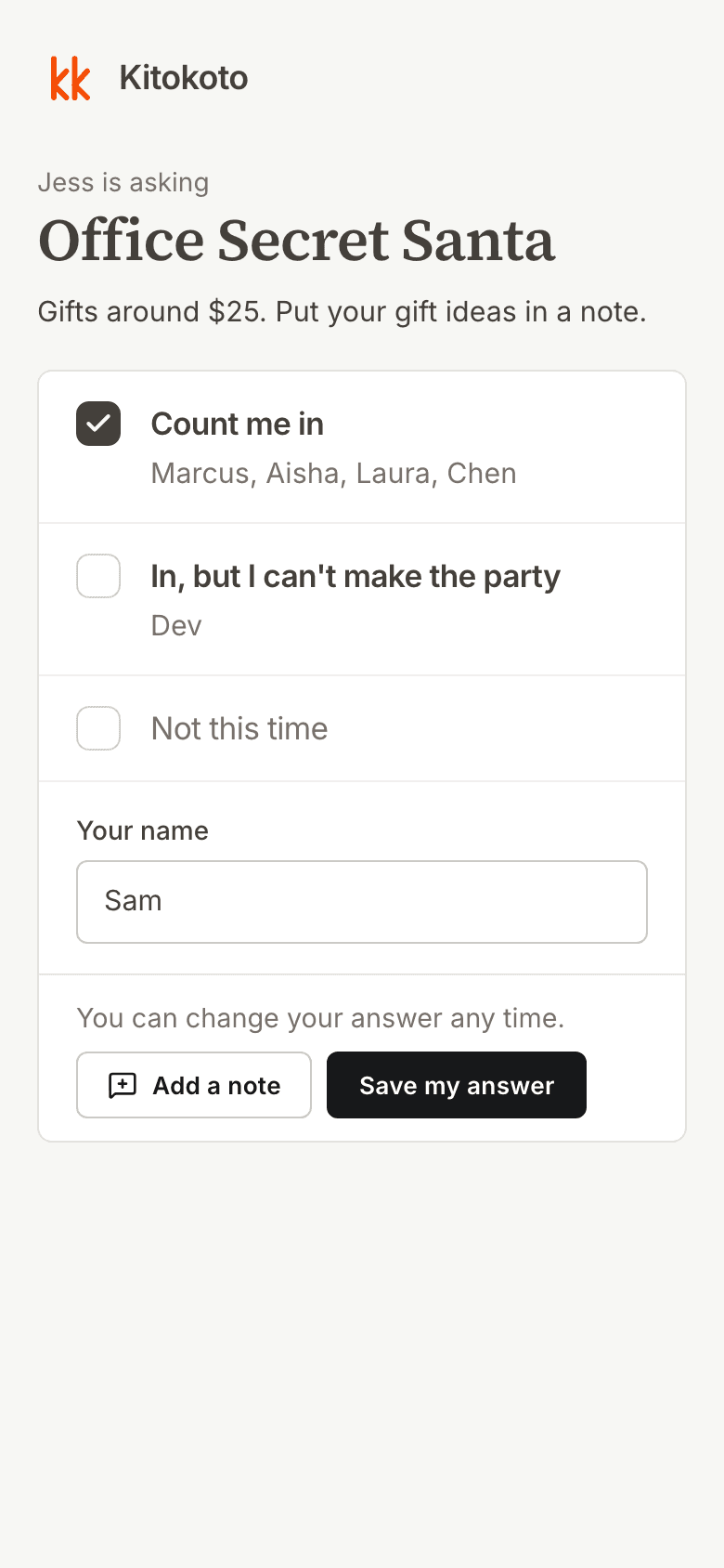 The same Secret Santa sign up sheet on a phone