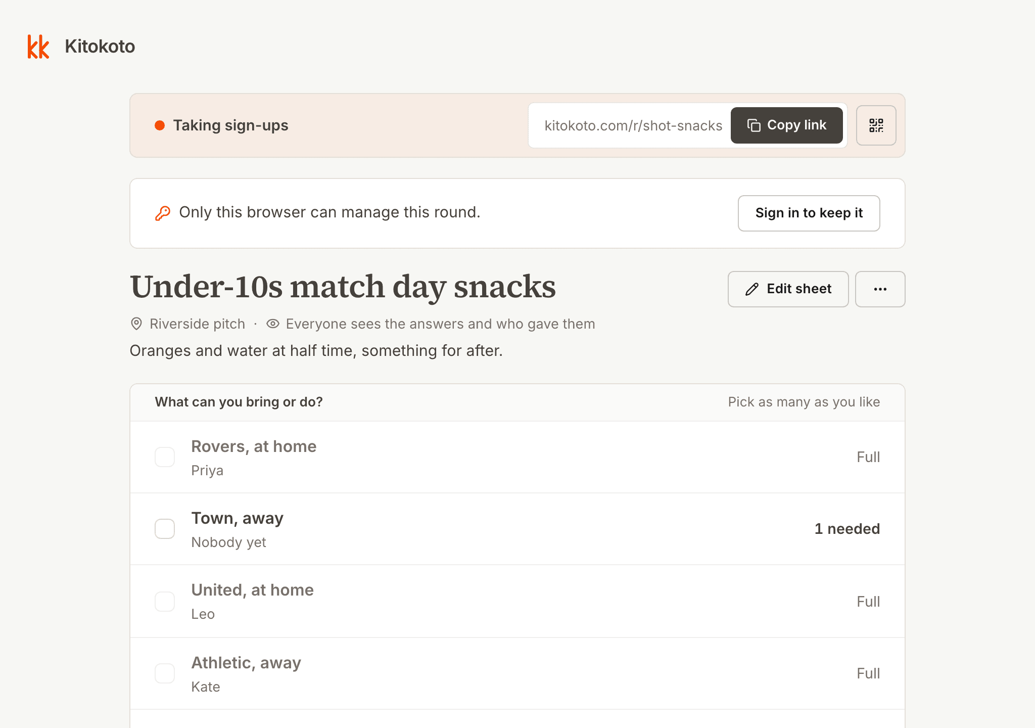 The coach's view of a snack sign up sheet, with a family against each game and a note
