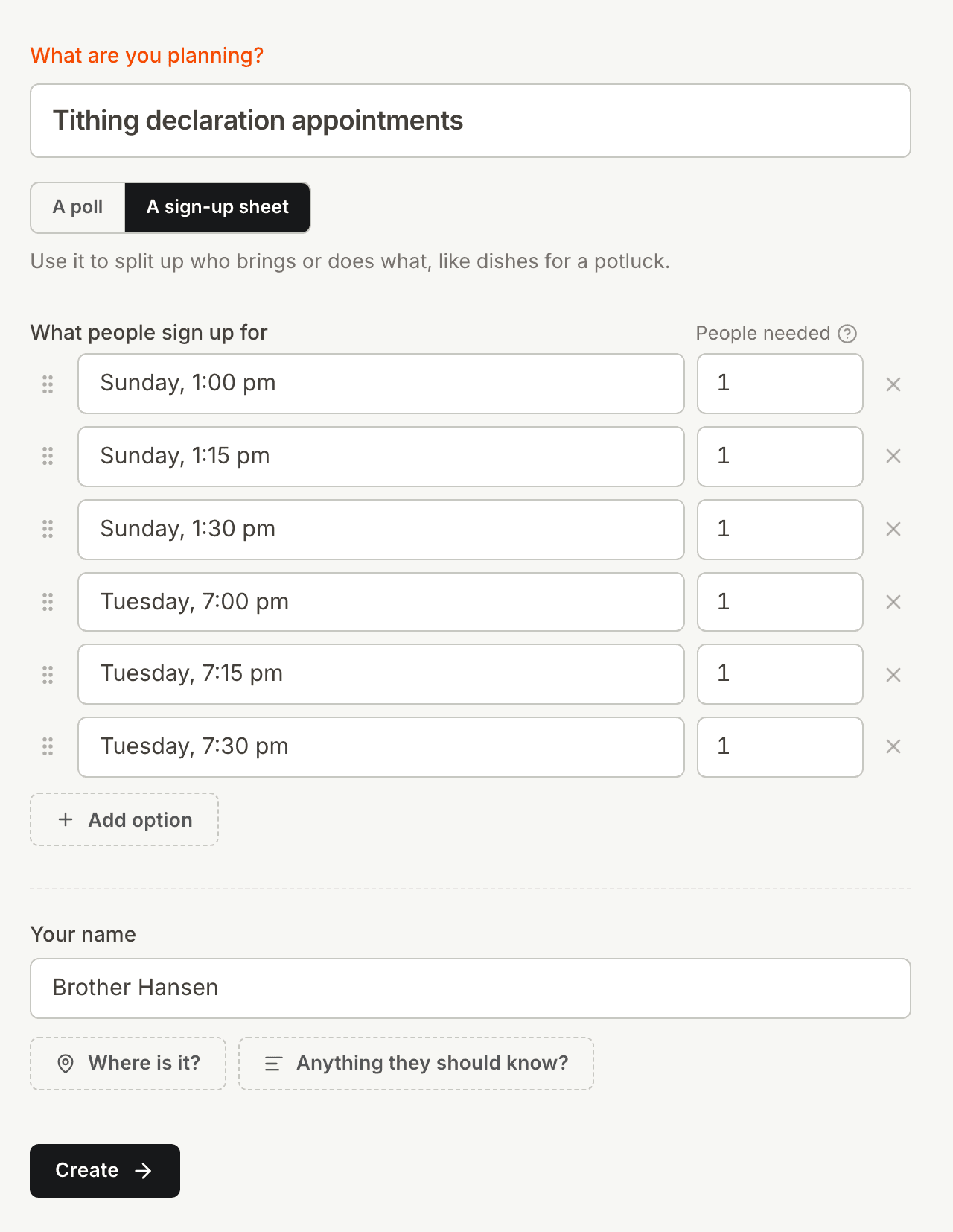 The Kitokoto form for a tithing settlement sign up sheet, with appointment times