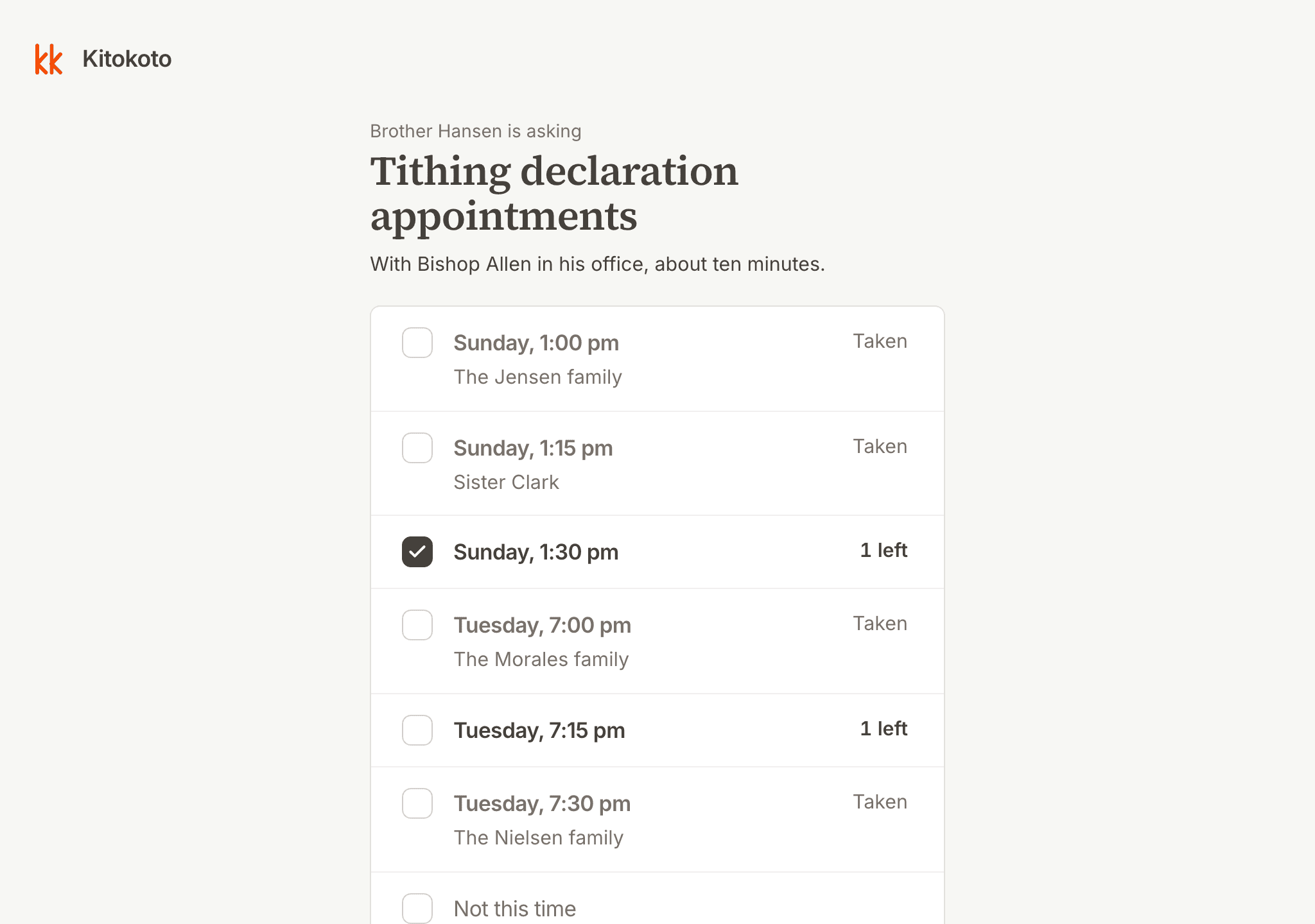 A tithing declaration sign up sheet on a computer, with the times already taken