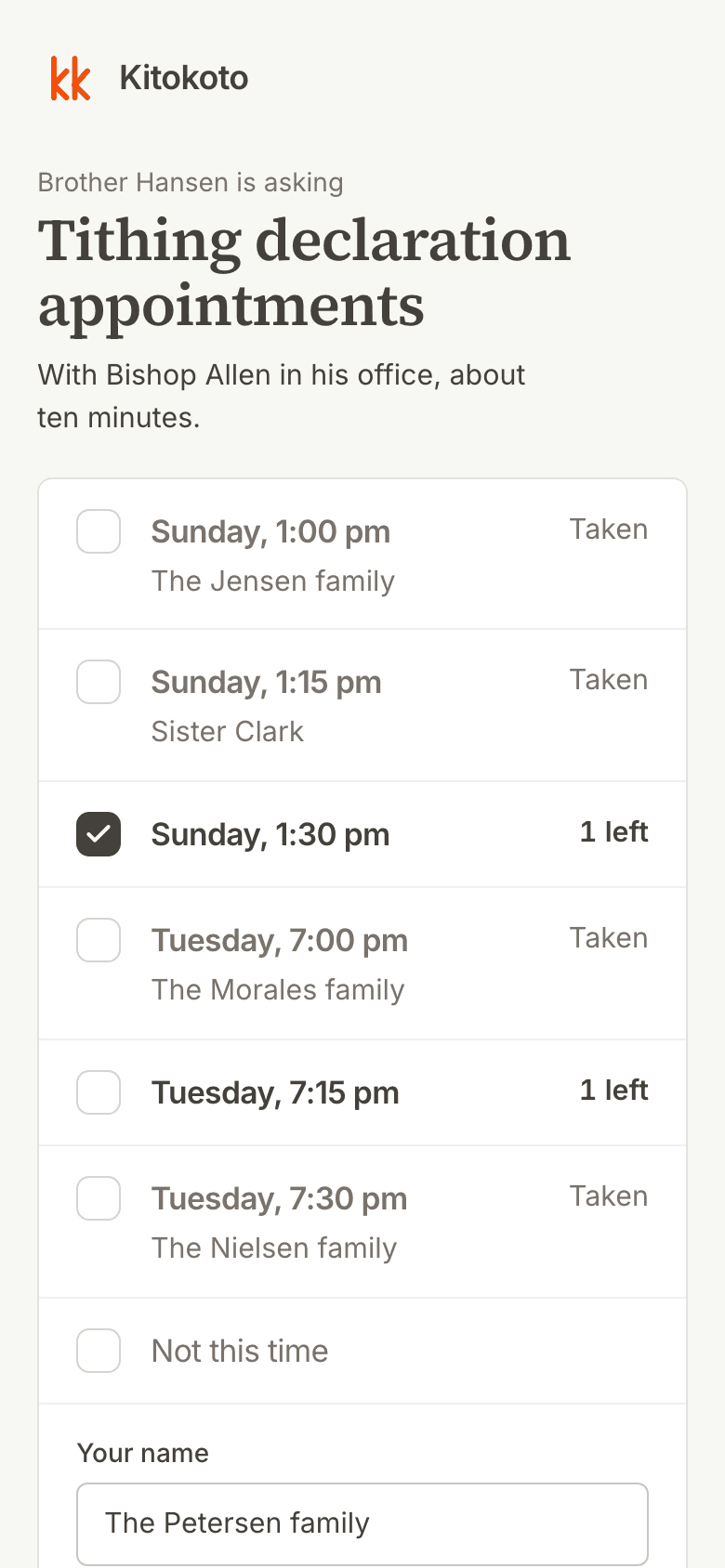 The same tithing sign up sheet on a phone