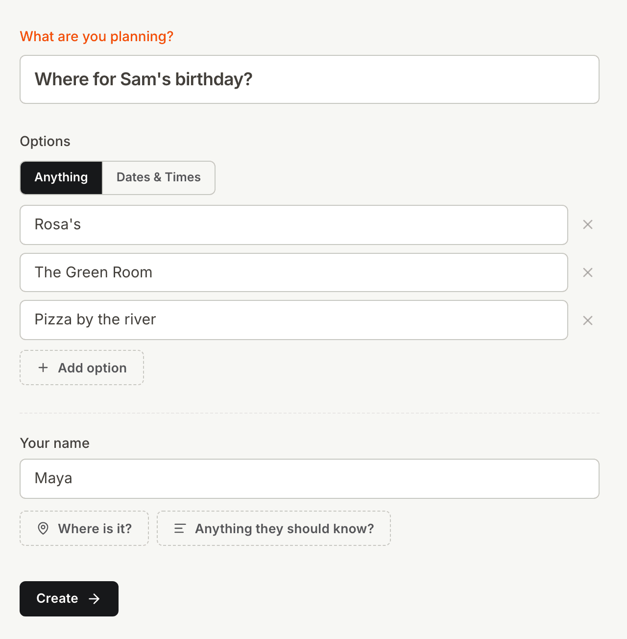 The Kitokoto form with three places for a birthday dinner