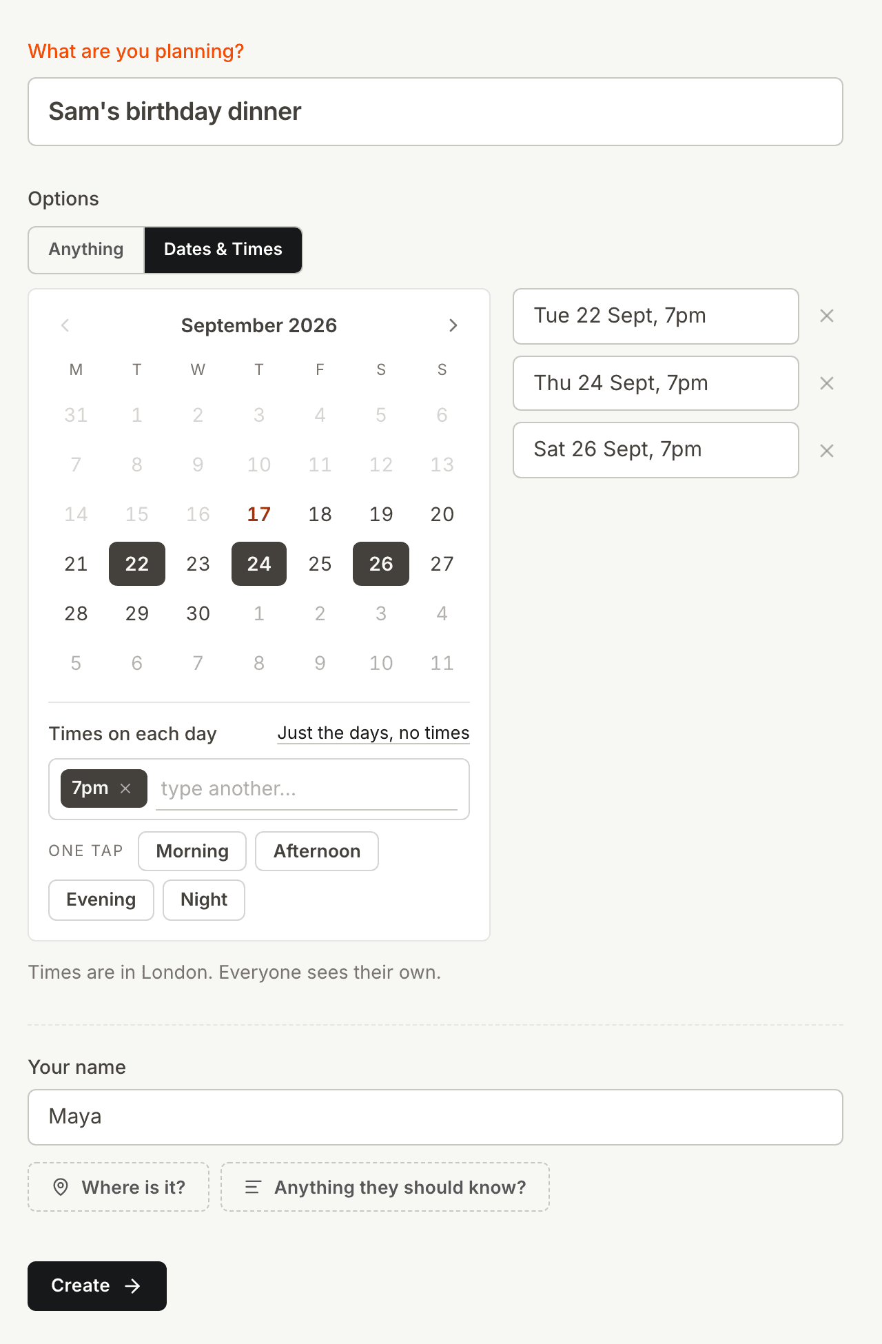 The Kitokoto form with three evenings picked on a calendar
