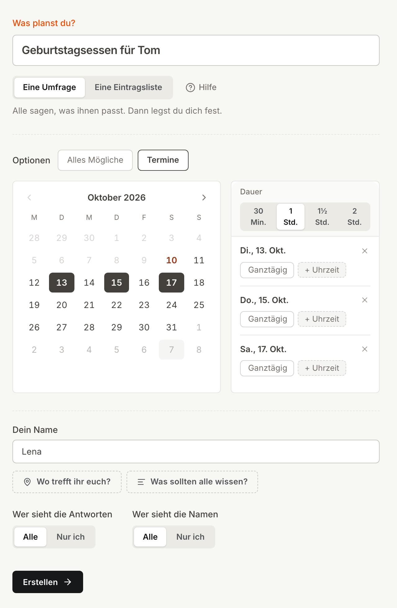 Das Kitokoto-Formular mit drei Abenden im Kalender