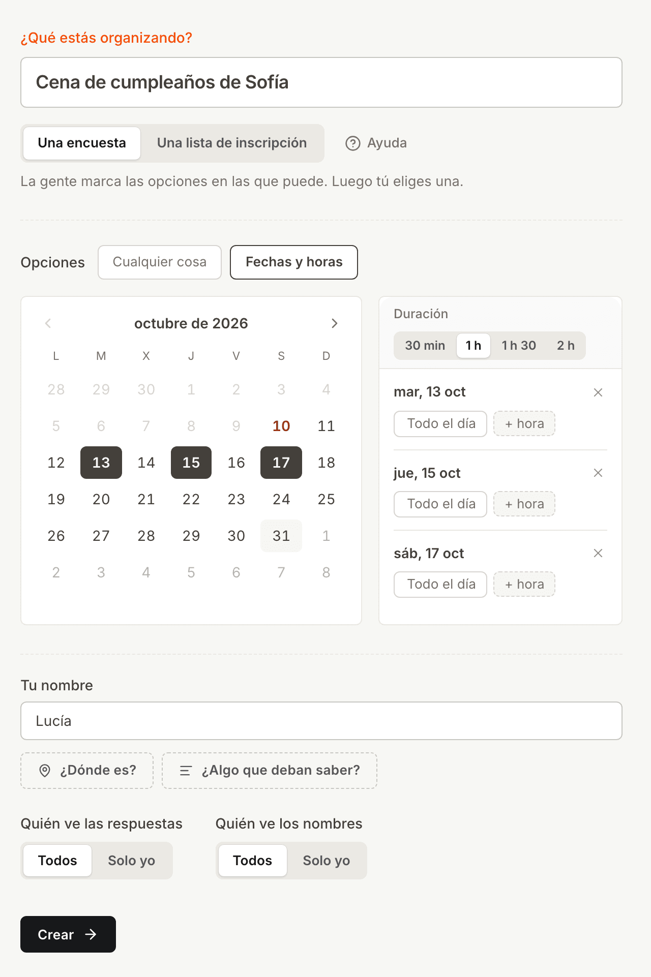 El formulario de Kitokoto con tres fechas elegidas en un calendario