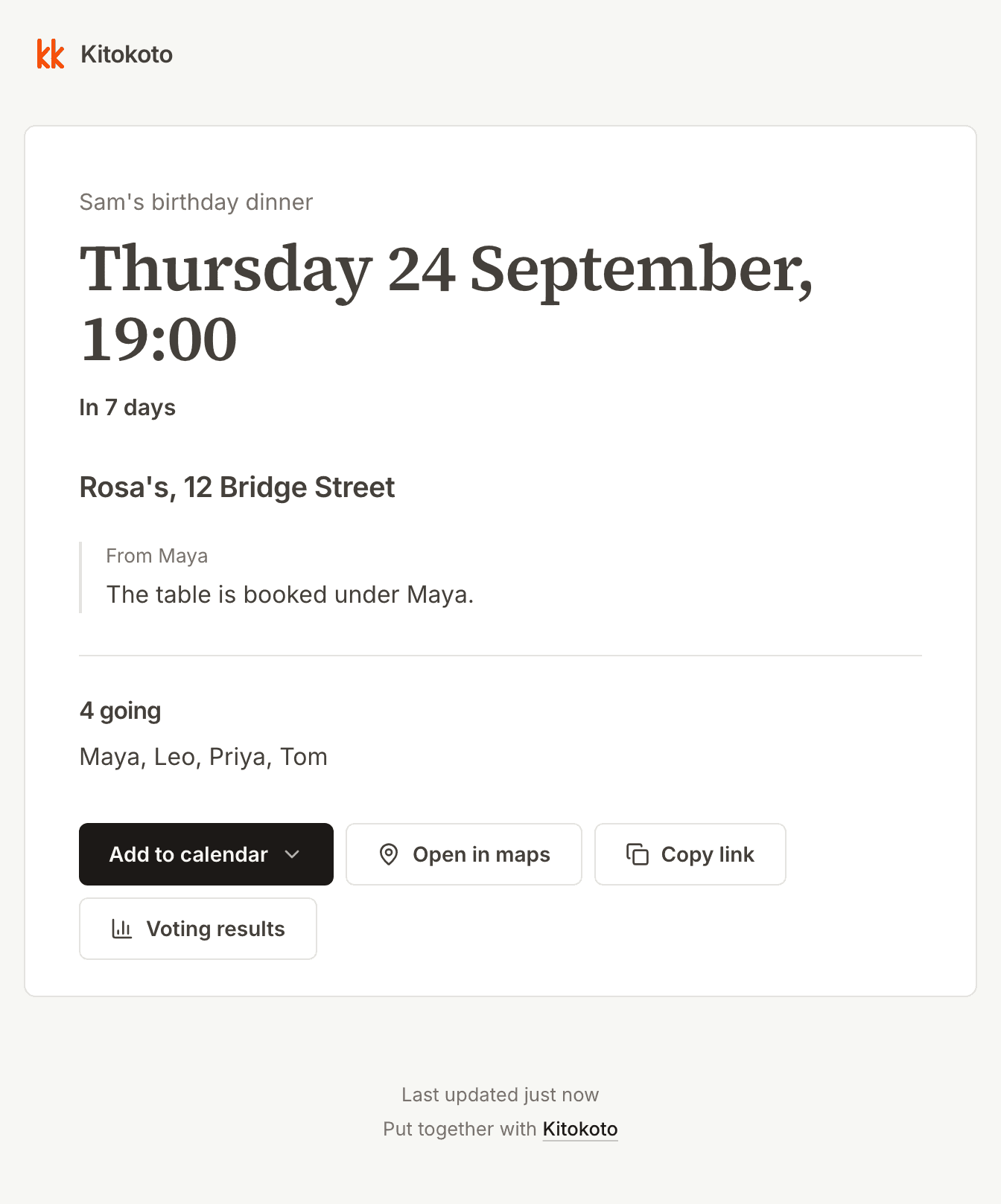 A Kitokoto event page with the date, the place and who is going