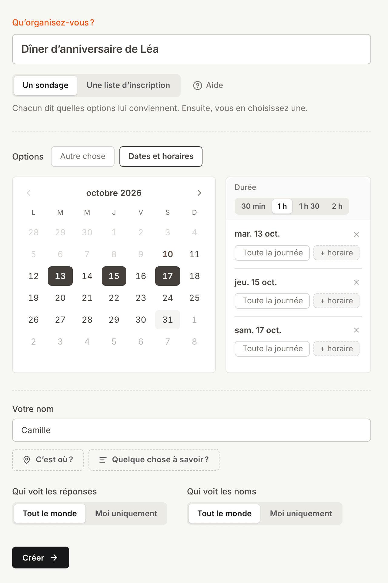 Le formulaire Kitokoto avec trois soirées choisies dans le calendrier