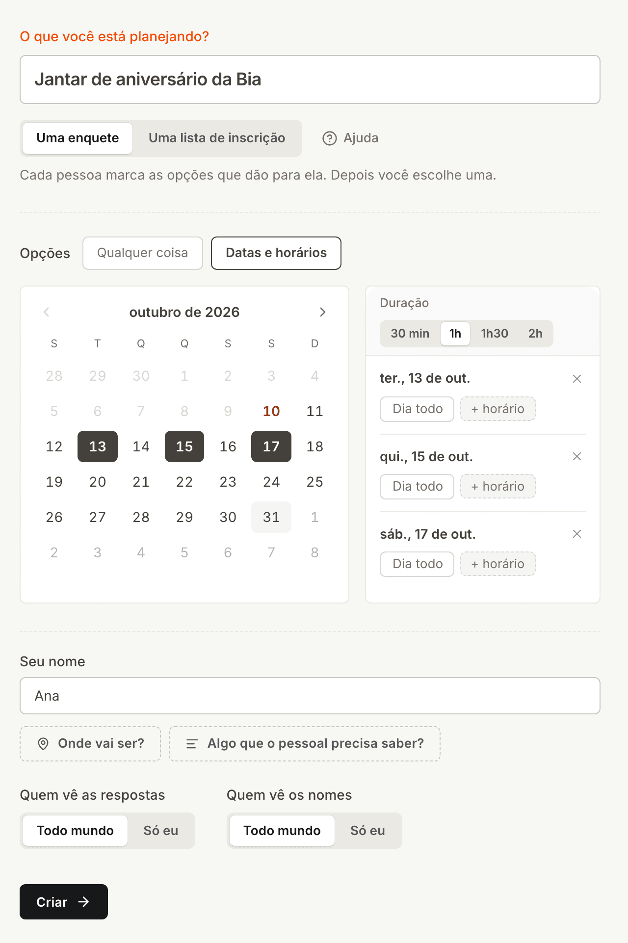 O formulário do Kitokoto com três noites marcadas no calendário