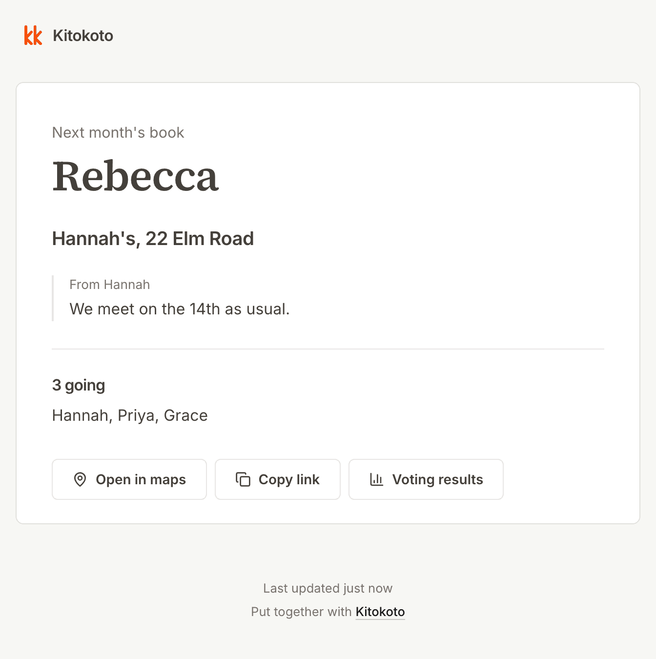 The event page for the book club, with the chosen book, the address and who is coming
