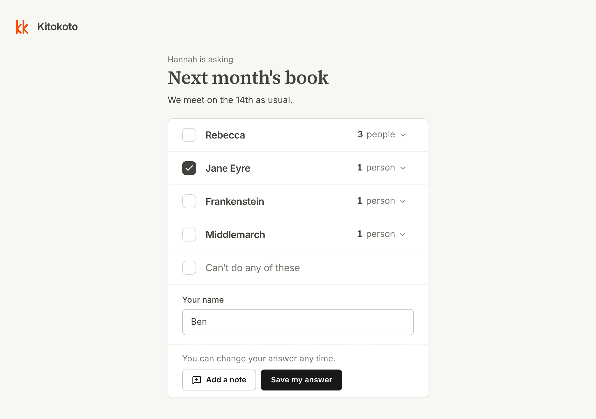 A book club poll on a computer, with a vote for Jane Eyre