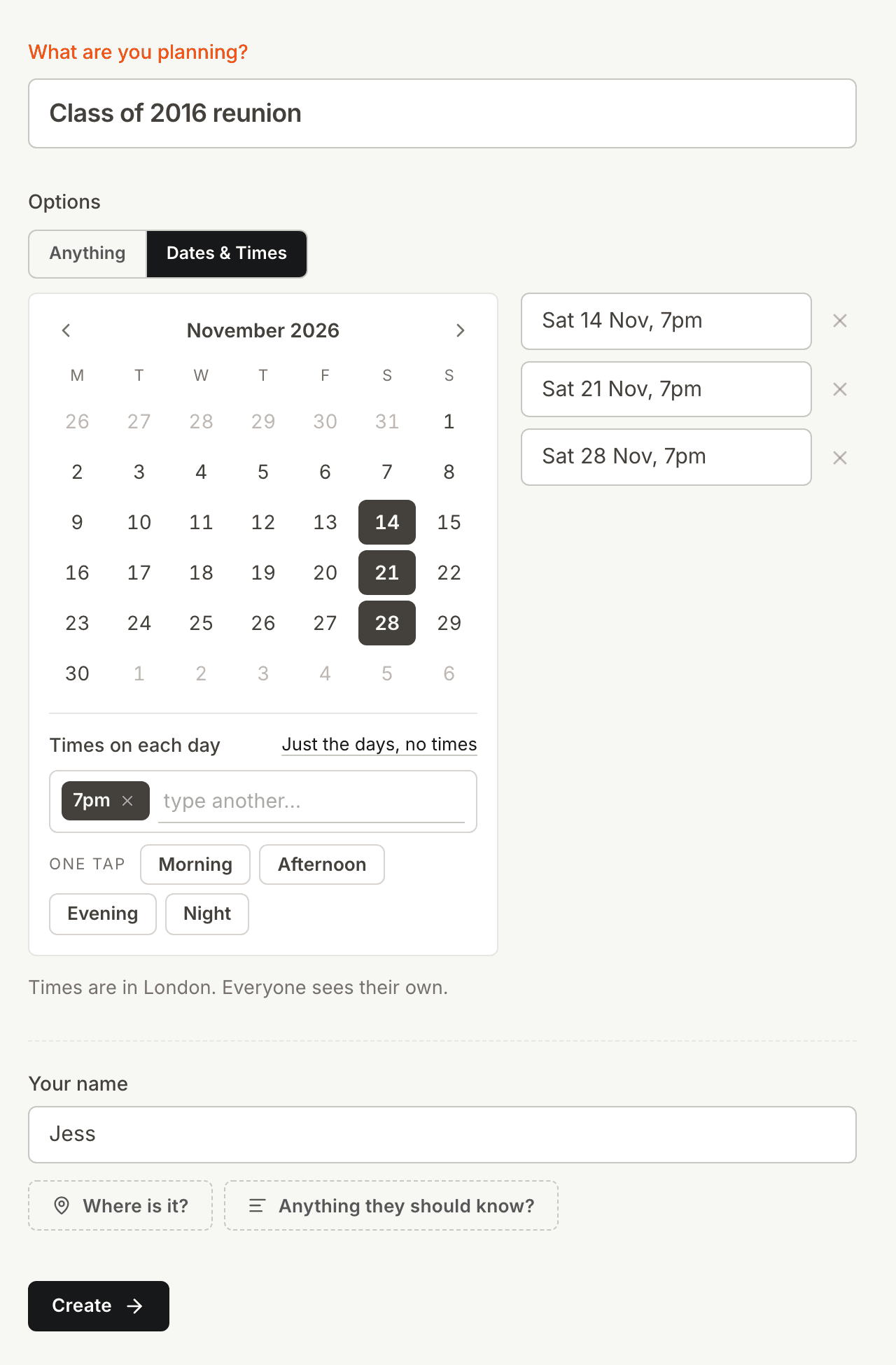 The Kitokoto form with three Saturday evenings for a class reunion