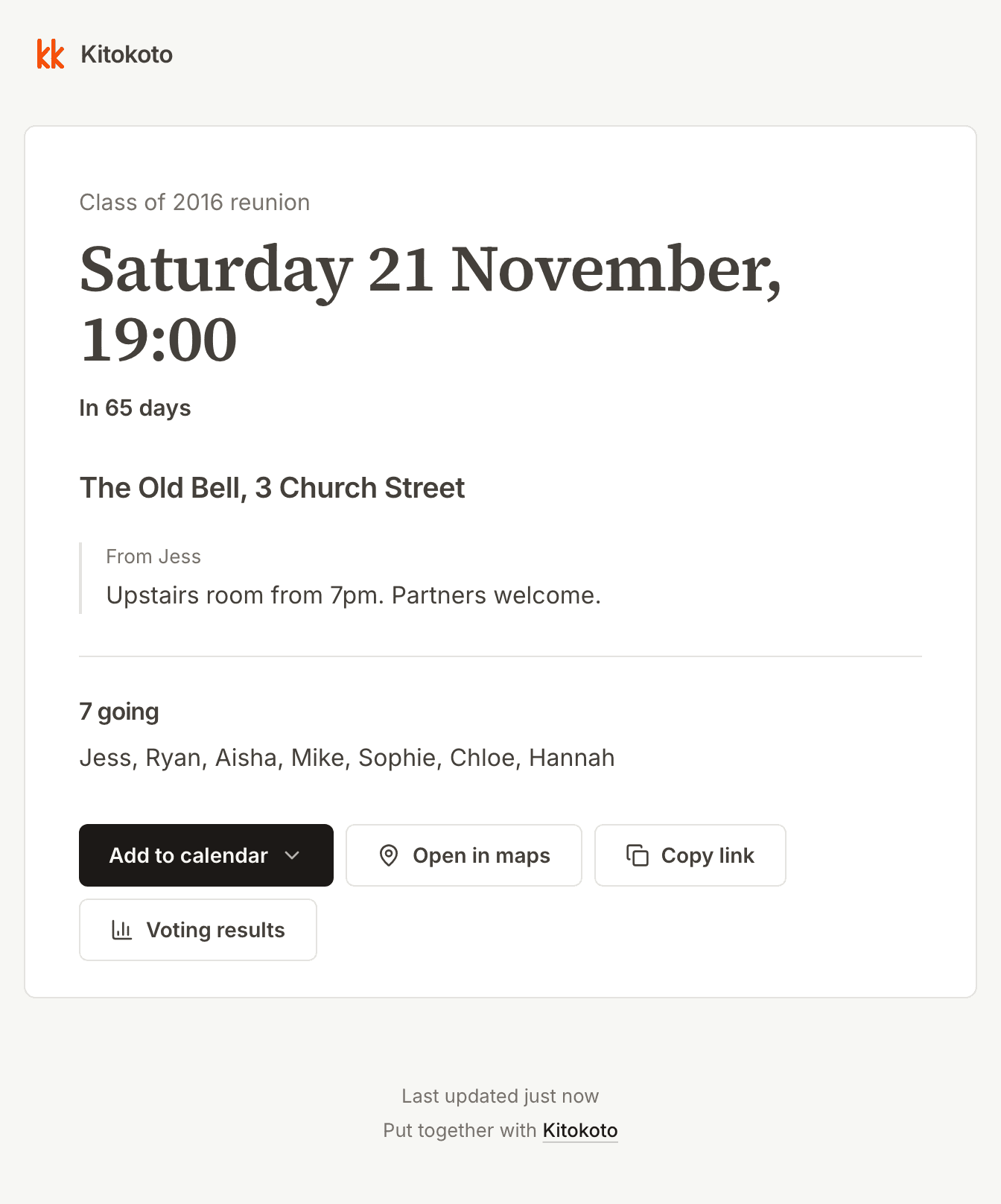 The event page for the class reunion, with the date, the pub and who is coming
