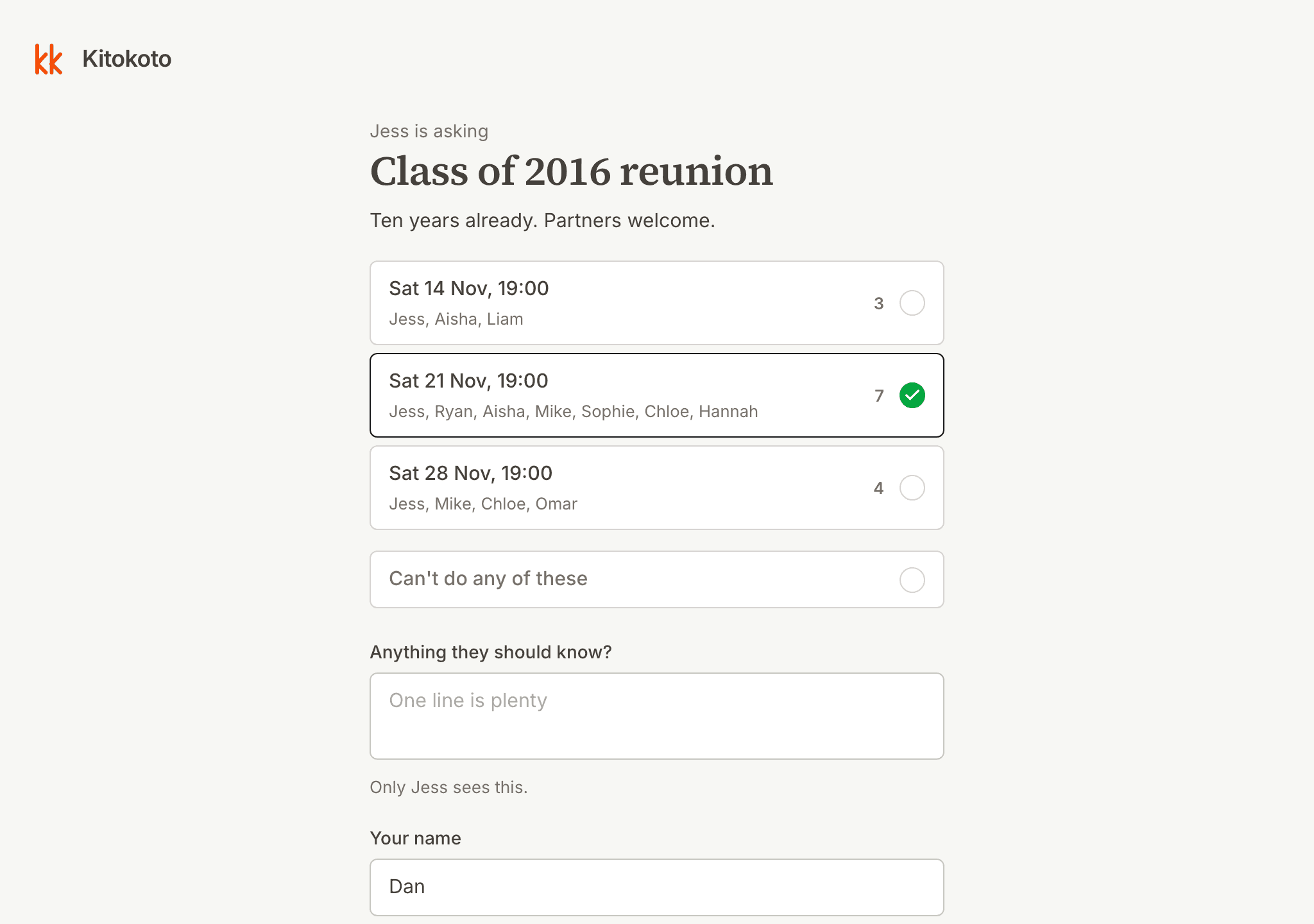 A class reunion poll on a computer, with the names beside each Saturday