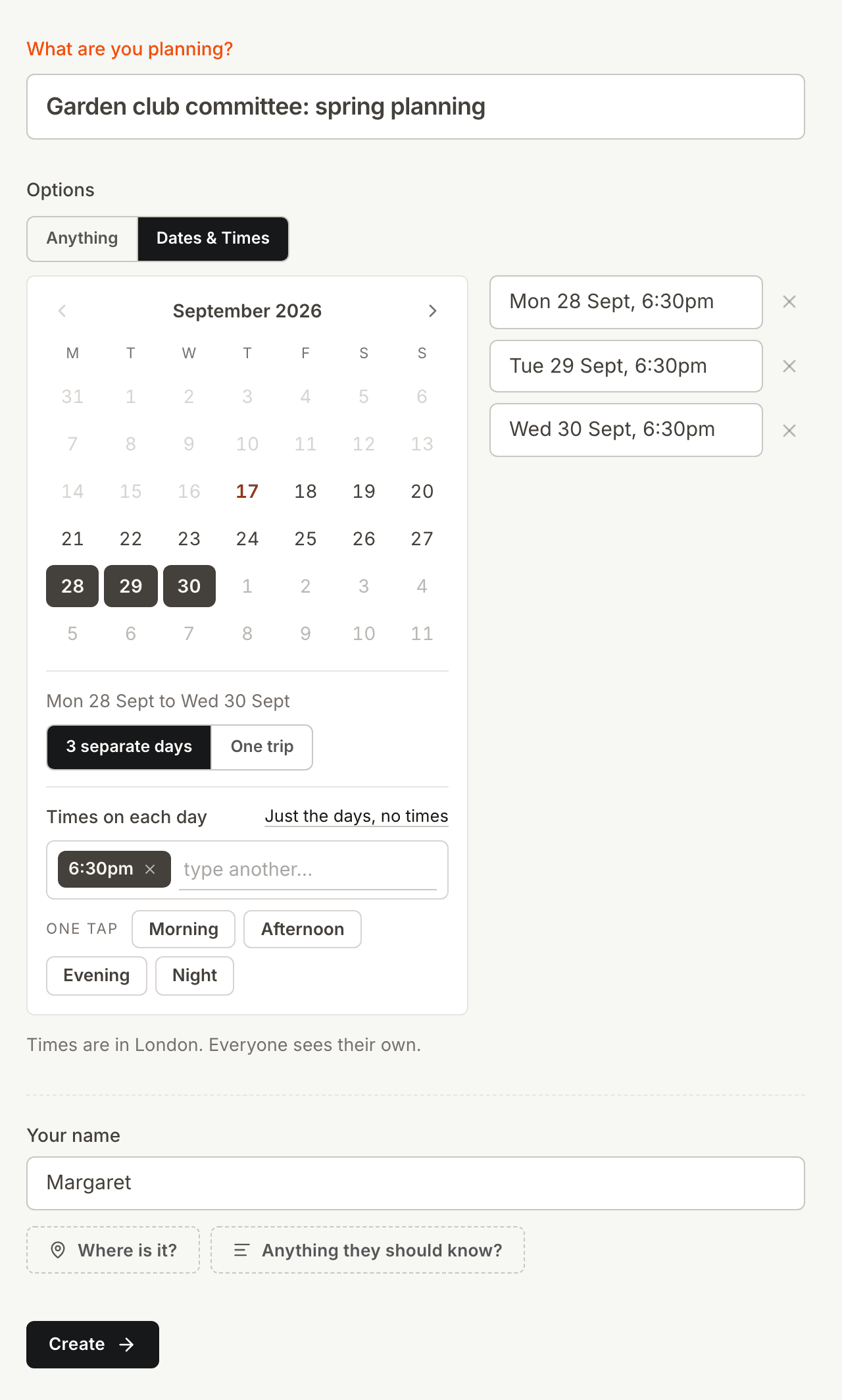 The Kitokoto form with three evenings for a committee meeting