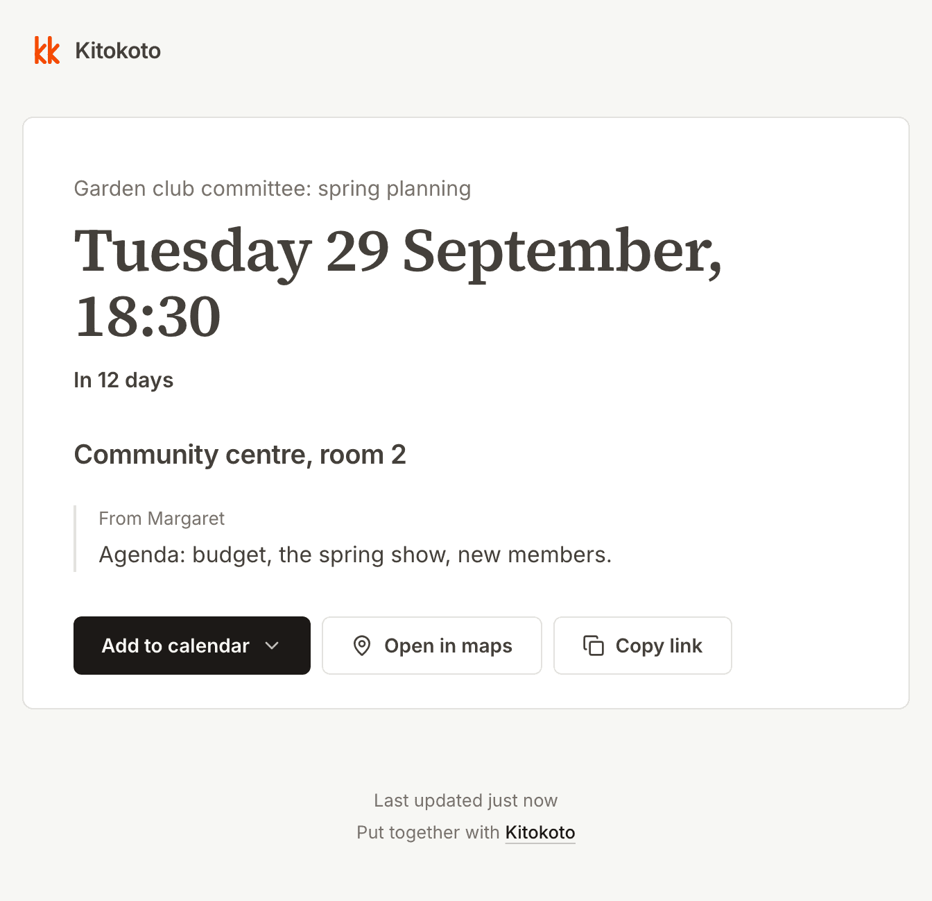 The event page for the committee meeting, with the room and the agenda