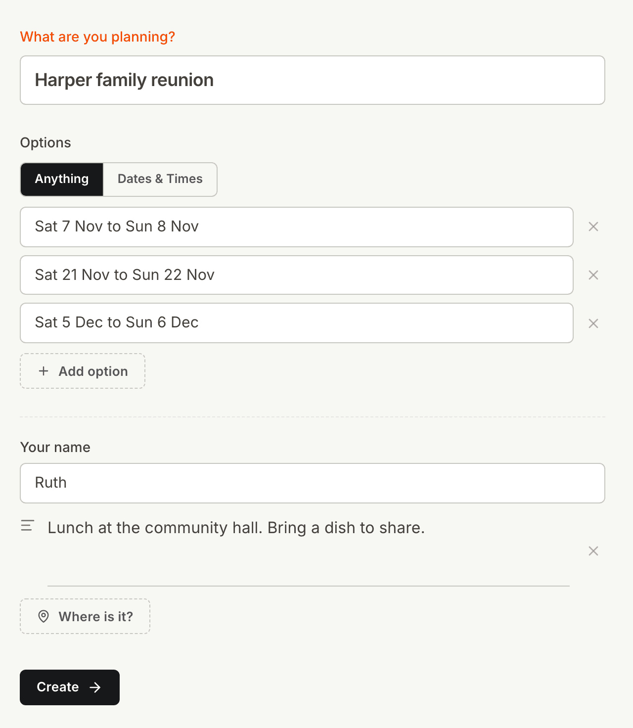 The Kitokoto form with three weekends for the Harper family reunion
