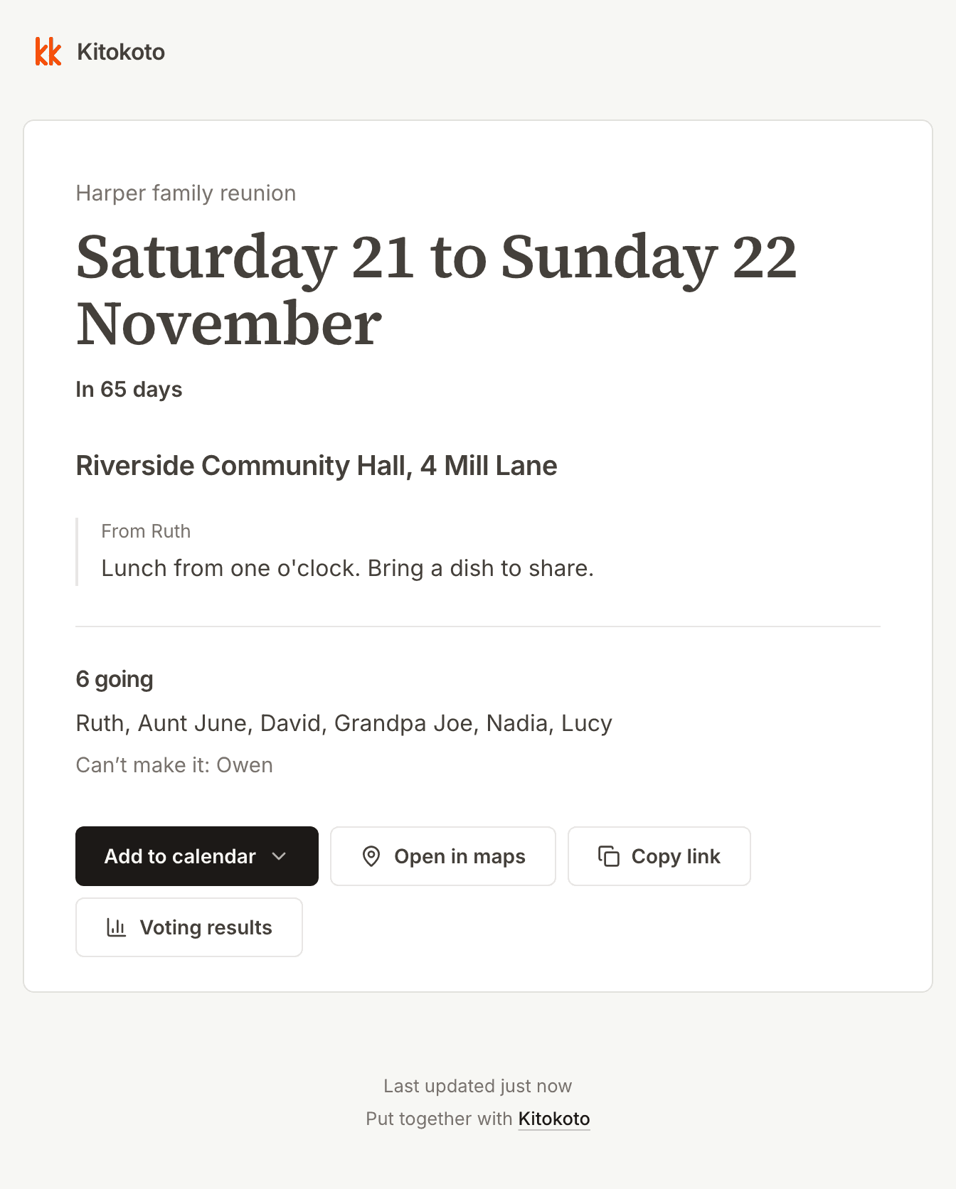 The event page for the Harper family reunion, with the weekend, the hall and who is going