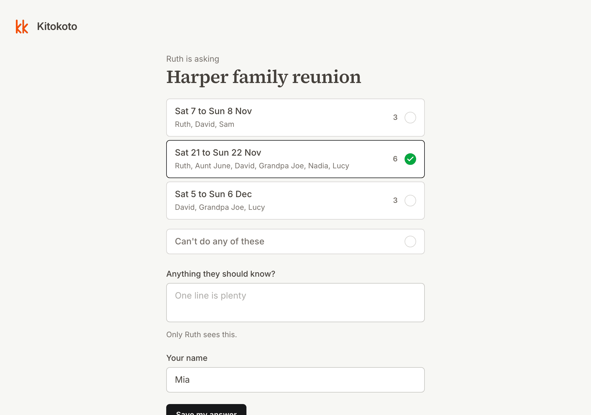 A family reunion poll on a computer, with the names beside each weekend