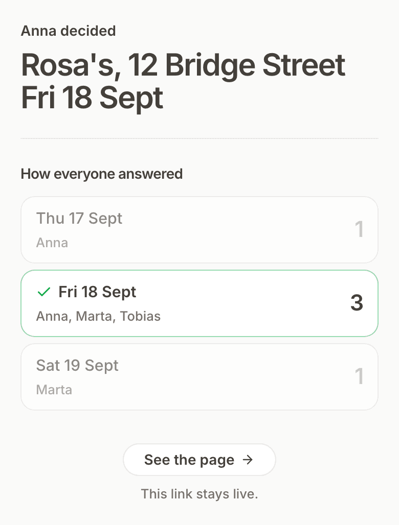 A Kitokoto poll on a phone after Friday was chosen: the place and time at the top, and the answers below