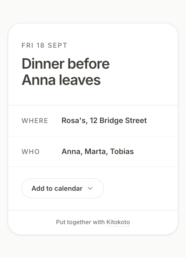 The poll page on a phone as the page for the evening: the date, where it is, who is coming, and an add to calendar link